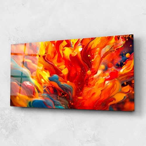 ARTHUB® Moderne impression sur verre 60x120 cm, 4mm verre trempé | Tableau en verre salon et chambre, Décoration murale moderne, Décoration intérieure, abstrait, Red Color Flames