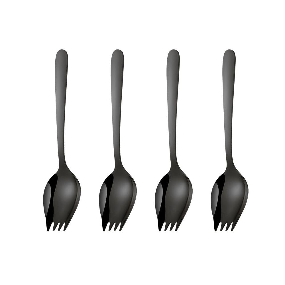 gifthub 4Pcs Stainless Steel Ice Cream Spoons,2 In 1 Reusable Metal Spork,6 Inch Multipurpose Salad Forks Dessert Forks for Ice Cream Salad Fruit(Black)