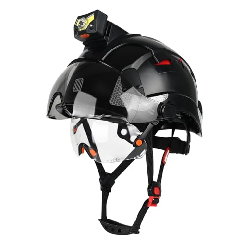 UM ULTRAMAXX ANSI Z89.1 Certified Hard Hat with Light – Detachable Headlamp Safety Helmet with Visor, Adjustable Vented Hard Hat with Chin Strap, Black