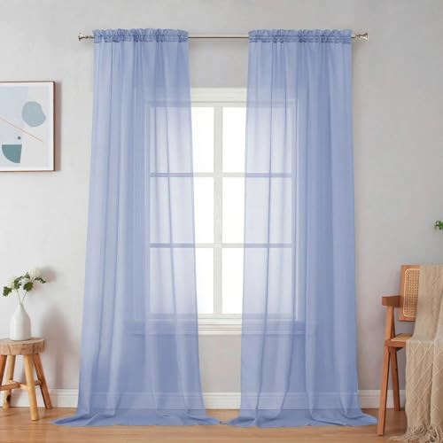 Image of Simplebrand Denim Sheer Curtains 96 Inches Long, Light Filtering Rod Pocket Solid Color Window Sheer Curtain Panels, Elegant Curtains & Drapes for Living Room, Bedroom 2 Panels (Denim, 42 inch W x 96 inch L)