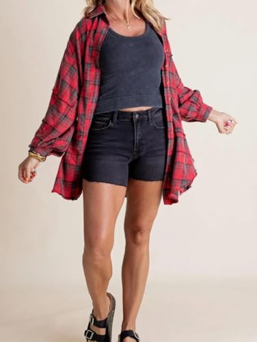 Women's Seams Raw Edge Washed Oversized Shirt Jacket with Pockets,Plaid Button Down Long Shirts Coats4