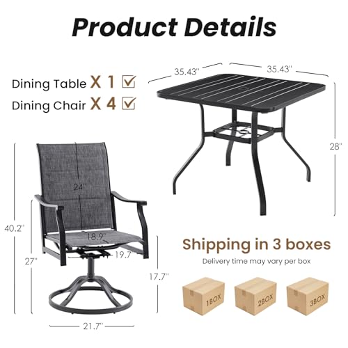 Image of Soohow Patio Dining Set for 4, 5-Piece Outdoor Table and Chairs Set, 4 x Swivel Outdoor Dining Chairs with Paded Textilene and 35 inchx35 inch Patio Table with 1.57 inch Umbrella Hole for Poolside, Backyard