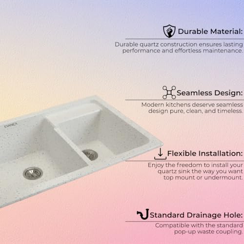 Image of EVANEX Quartz Kitchen Sink | 31x18x9 Inch Double Bowl Sink for Kitchen | Granite Topmount /Undermount Kitchen Sinks | Sand Pluto Double Sink with Connector, Waste Pipe, Coupling and Drain Basket