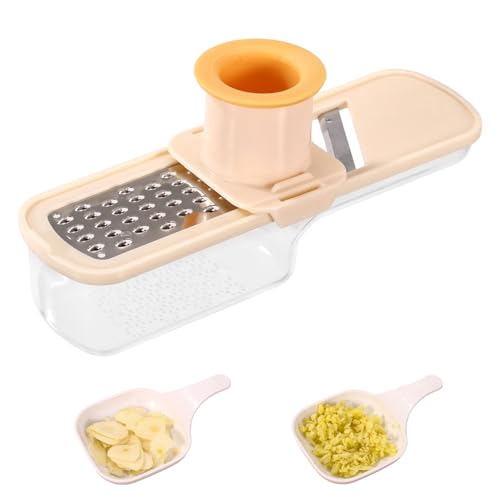 Mini Garlic Slicer, 3-in-1 Multi Function Mandoline Slicer with Container for Grinding Grating and Crusher Slicing Garlic Ginger Vegetable Practical Home Kitchen Essentials Tool(White)