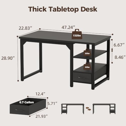 Image of Mericonia 48 in Computer Desk with Drawer, 1 inch Thick Reversible Office Desk | Modern Writing Table with Storage Shelves, Heavy Duty Industrial Study Desk for Home Bedroom Work