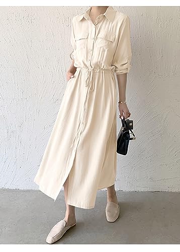 Image of Women Roll-Up Long Sleeve Button Down Shirt Midi Dress
