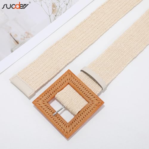 Image of SUOSDEY 2 Pack Straw Woven Elastic Belt Braided Stretch Wide Belt for Women Dress, C-khaki+beige, Fit Waist up to 35''