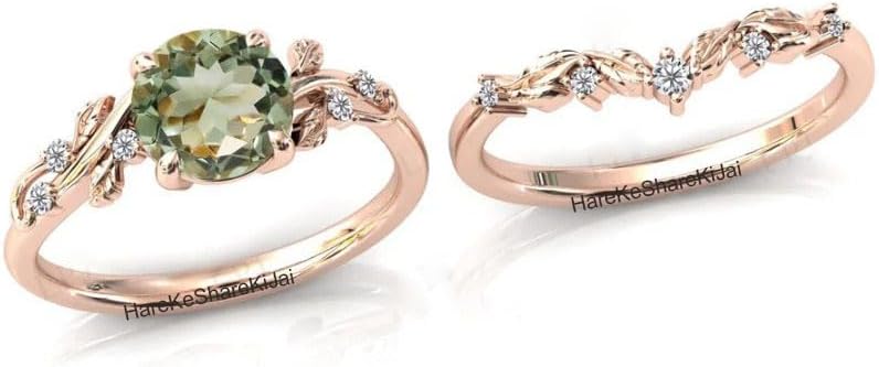 green amethyst wedding ring set art deco vintage amethyst engagement ring set gold amethyst antique leaf ring set anniversary ring set, statement rings for women, leaf silver rings for women