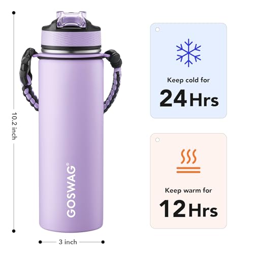 Image of GOSWAG 24oz Insulated Stainless Steel Travel Water Bottle, 2 Lids | with straw and no straw, Paracord handle, Double-wall vacuum keeps drinks cold or hot, Leakproof tumbler