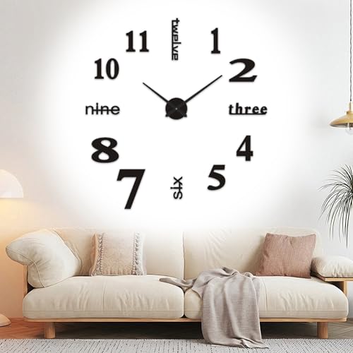 YIQILAIYA DIY Reloj Pared Grande de Diseño Moderno 50cm, Negro 3D Gran Reloj de Pared Espejo Adhesivo Metal Silencioso de 60 a 90cm para Dormitorio, Cocina, Salón, Oficina, Hotel