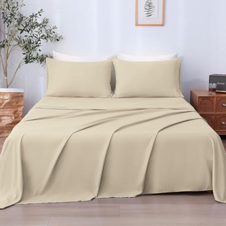 LONAVA Twin Sheet Set 3 Pieces,Beige Ultra Soft & Breathable Microbifer Sheets, 1600 Thread Count Hotel Luxury Oeko-Tex Bed Sheets, 14-16 Inch Deep Pocket Durable Wrinkle Free Sheets