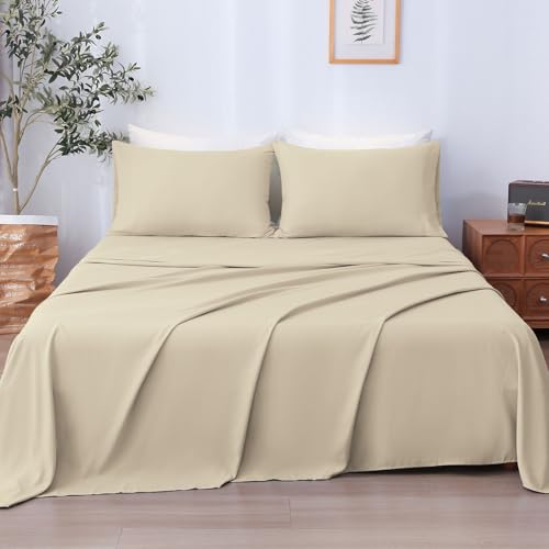 LONAVA Full Sheet Set 4 Pieces,Beige Ultra Soft & Breathable Microbifer Sheets, 1600 Thread Count Hotel Luxury Oeko-Tex Bed Sheets, 14-16 Inch Deep Pocket Durable Wrinkle Free Sheets