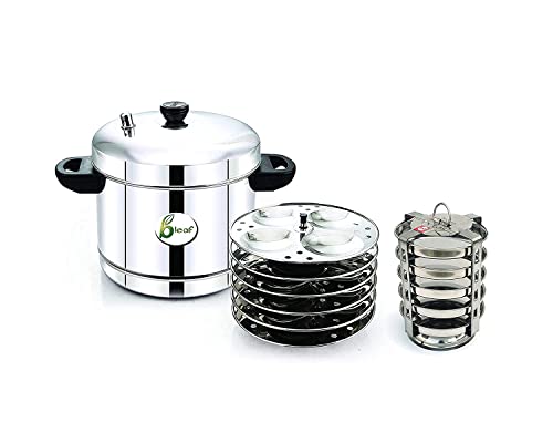 Image of BLeaf Stainless Steel-Idli cooker (Induction & Standard) with Regular Idli Stand /Idli Plates (6 Plates, 24 Idlis.) (Idli Cooker with 6 Regular Idli Plates & 5 Plates Thatte Idli Stand)