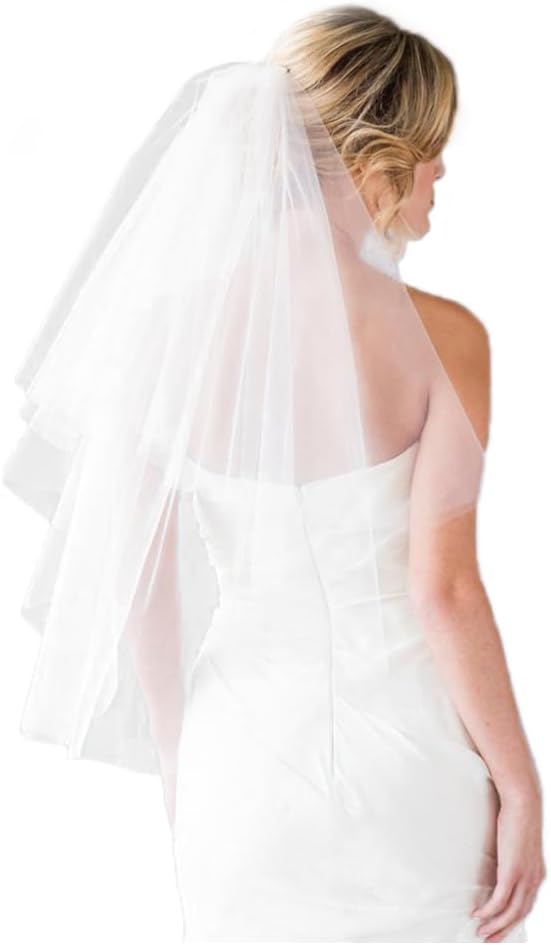 Wedding Bridal Veil with Comb 2 Tier Tulle Short Wedding Veil Fingertip Length ( 2T Fingertip Light Ivory)