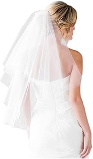Fangsen Wedding Bridal Veil with Comb 2 Tier Tulle Short Wedding Veil Fingertip Length ( 2T Fingertip Light Ivory)