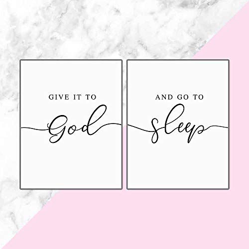 Give It To God And Go To Sleep Set Of 2 Prints Bedroom Above Bed Decor Minimalist Typography Farmhouse Home Style Wall Art, 11X14Inch Unframed #TOP3