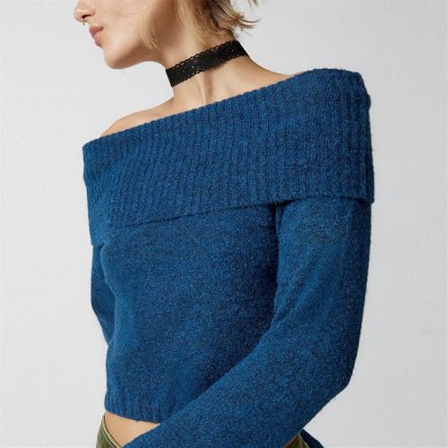 Image of Women Off The Shoulder Sweater Y2k Long Sleeve Boat Neck Knit Cropped Pullover Tops Fall Trendy Going Out Streetwear