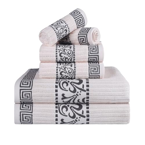 Superior 6-Piece Cotton Towel Set, Decorative Greek Pattern, Home Essentials, Absorbent Towels, Bathroom Decor, Spa, Resort, Includes 2 Hand, 2 Face and 2 Bath Towels, Athens Collection, Ivory-Grey
