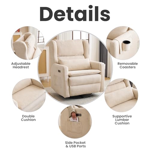 Image of Oversized Swivel Rocker Recliner with Adjustable Headrest, 26 inch Extra Wide Glider Recliner Nursery Chair with Double Cushion, Chenille Glider Rocking Chair for Living Room,Cup Holder,Beige