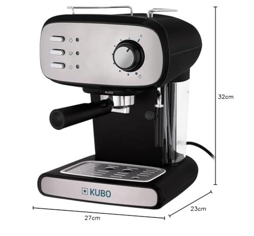 KUBO - Cafetera Espresso, Presión 15 bar, Depósito Agua 1.2L, 850W, Vaporizador para capuchino o bebidas con leche, Limpieza Fácil