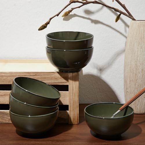 Image of Pokini 5.3 inch Stoneware Cereal Bowls Set of 6, 22 Oz Soup Bowls Set | Reactive Glaze Cereal Bowls Set for Cereal Soup Snacks, Kitchen Bowls for Meal, Dishwasher & Microwave Safe, Blackish Green