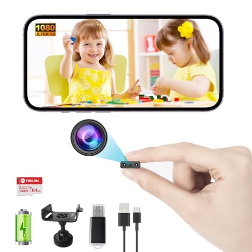 BEEDMXU Cámara espía más pequeña, cámara oculta, inalámbrica, WiFi, seguridad para el hogar, HD, mini cámara con tarjeta de memoria de 64 G, visión nocturna y detección de movimiento, almacenamiento