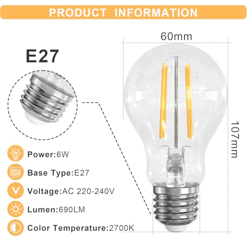 LUTW E27 Vintage Light Bulbs, 6W E27 Edison Screw Bulb Warm White 2700K, 60W Equivalent, LED Bulb Non-dimmable - Image 2