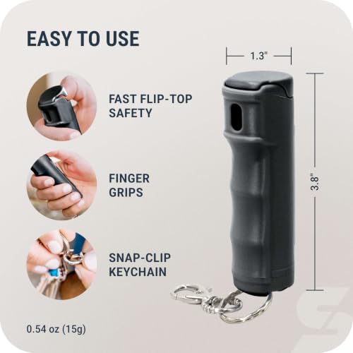 Image of SABRE Pepper Gel Spray with Fast Flip-Top Safety & Snap‑Clip Keychain for Self Defense - Max Strength with UV Dye, Reduces Wind Blowback, 10‑Sec Spray, 14ft Range, Finger Grip, Made in USA, 0.54 fl oz