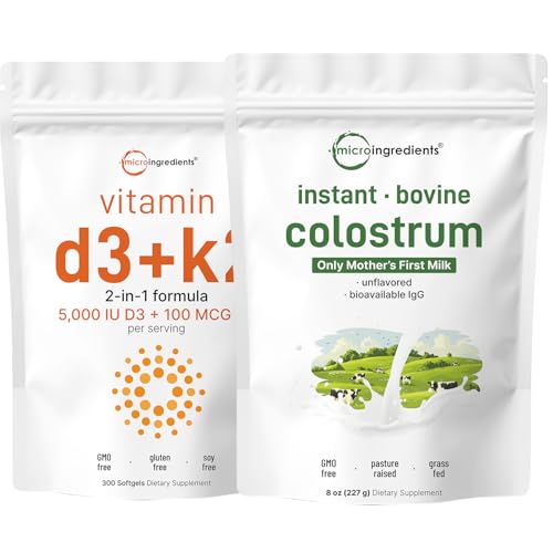Micro Ingredients Vitamin D3 5000 IU with K2 100 mcg, 300 Softgels & Instant Colostrum Powder Bundle 2 Pack | Essential Sunshine Vitamins | Grass-Fed Bovine Motherβs First Milk