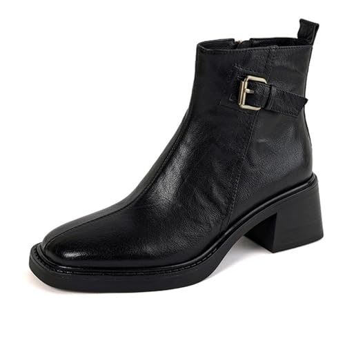 Women's Leather Vintage Block Heel Ankle Boots Comfort Square Toe Side Zipper Chunky Heel Booties for Office Dating