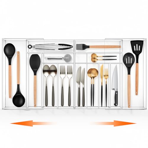 Kathfly Expandable Acrylic Silverware Organizer, 21.4-36" Wide, 13 Compartments
