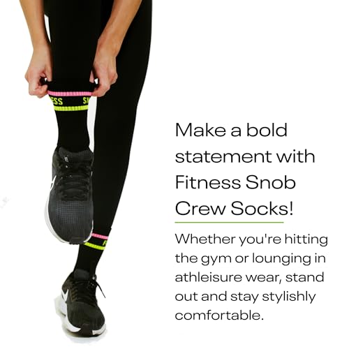 Image of Black Womens Neon Striped Crew Socks, Athletic Gym & Running Crew Socks for Women