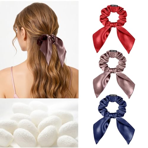 Image of THXSILK 100% Mulberry Silk Bow Scrunchies 3-Pack, 22 Momme Elegant Hair Ties for Women, No Damage Ponytail Holders for All Hair Types, Chic Fashion Hair Accessories(Red, Purple, Navy Blue)
