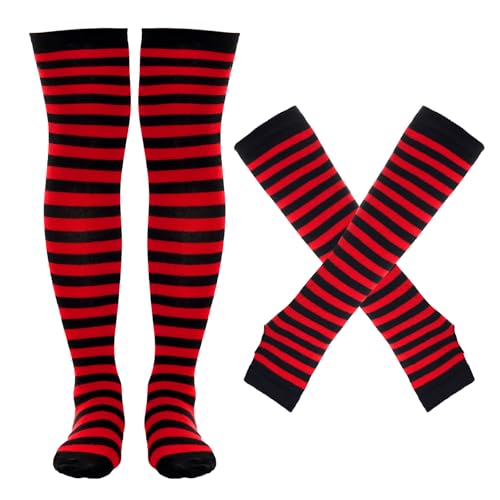 Tongcloud Women's Striped Knee High Socks, Over Knee Thigh High Socks, Arm Warmer and Fingerless Gloves Set (US, Alpha, One Size, Regular, Regular, Black and Red)