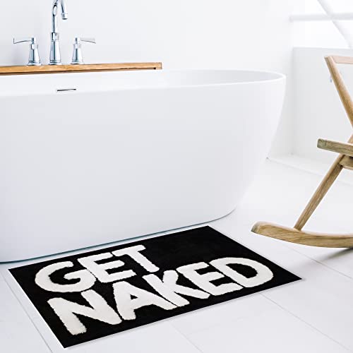Image of New Mungo Get Naked Bath Mat - Black Cute Bathroom Rugs with White Letters for Apartment Decor - Funny Black - Get Naked Rug for Bathroom - 31 inch x 20 inch
