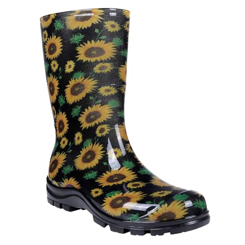 Asgard Women's Mid Calf Rain Boots Short Waterproof Garden Shoes Flower Print Sunflowers 39 (8.5)