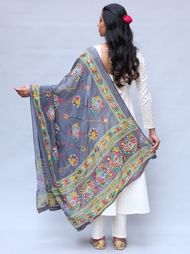 Printed Dupatta from Kutch with Hand-Embroidered Florals and Mirrors - Pure Cotton4