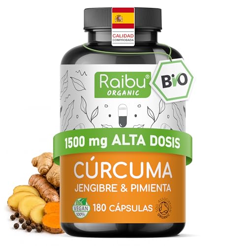 Cúrcuma con jengibre y pimienta negra Orgánica, 1500mg - Antiinflamatorio Natural - 180 Cápsulas de Curcuma, jengibre y pimienta negra - Certificación Ecológica, Probada en Laboratorio