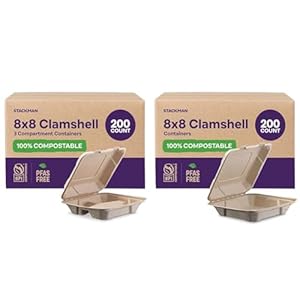 [Bulk – 200-Count] 100% Compostable 8×8″ Clamshell Take Out Food Containers with Hinged Lid – Disposable Togo Plates – Eco-Friendly Takeout Boxes Made of Sugar Cane Bagasse