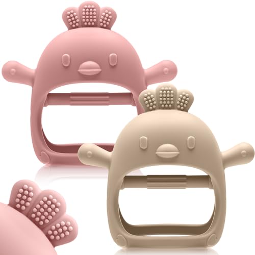 Image of 2 Pack Baby Teething Toys for 0-6 6-12 Months, Never Drop Infant Teether Teething Mitten Toys for 0 3 6 9 12 Months, Newborn Soothing Teething Toy Gifts for 1 One Year Old Baby Boys Girls