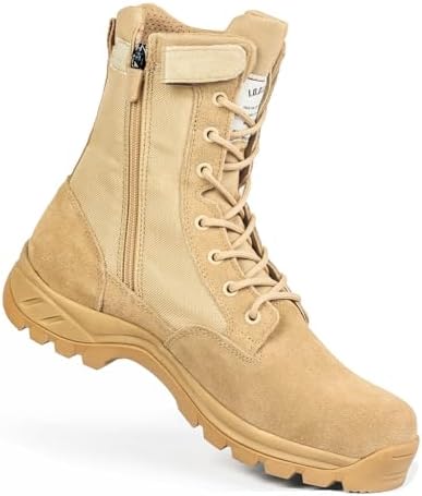 Men's Military Tactical Boots with Side Zipper, Puncture Resistant Work Boots, Desert Combat Boots, Army Jungle Boots, 8 Inches Lightweight Hiking Boots