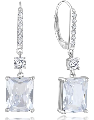 YL Cubic Zirconia Emerald Cut Dangle Earrings for Women, Solid 925 Sterling Silver 18K White Gold Plated Created Birthstone Princess Halo Leverback Jewelry Gifts