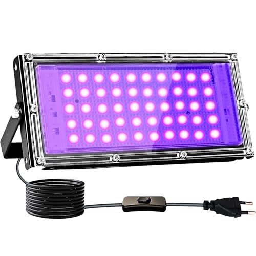 Indmird Luz Negra Ultravioleta 50W, luz negra UV con Enchufe,395-400nm Foco uv IP66 Impermeable Luces ultravioleta para GLOW Fiesta,Bar,Halloween,Fiesta,Neón,Black light Party,Discoteca