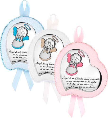 Medallón musical con forma de corazón y con Aplique Bilaminado en Plata de Ley 925‰ Infantil con diseño de la Oración 'Ángel de mi Guarda'. Con opción de Personalizado. (09655)