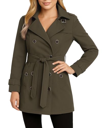 Image of Jessica Simpson Womens Trench Coat - Lightweight Belted Softshell Jacket - Polar Fleece Lined Hooded Long Coat for Women, Size Medium, Olive