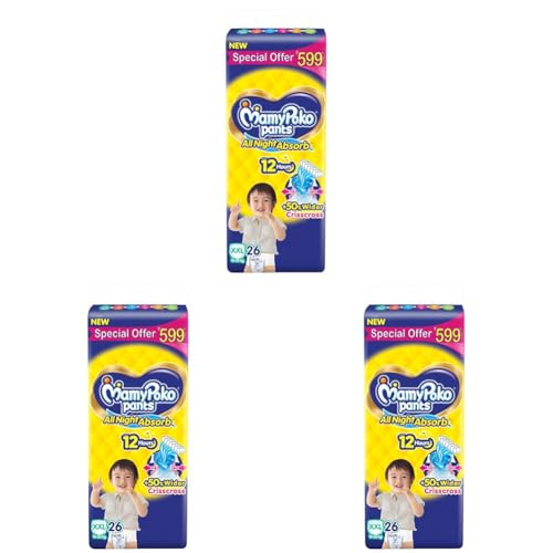 Image of MamyPoko Pants All Night Absorb|Pant Style Baby Diapers XX- Large Size(XXL),26 Count, For 15-25 Kgs|+50% Wider And Repeated Absorption For All night 12hr Protection From Leakage,Prevents Heaviness