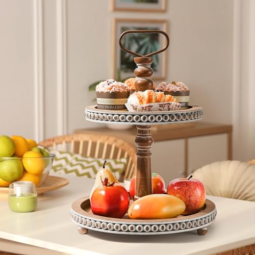 Handmade-Two-Tiered-Tray-Stand-Small-Beaded-Tiered-Seasonal-Tray-Decor-Warm-Brown-Wooden-Kitchen-Serving-Tray-for-Coffee-Food-Fruits-Cupcakes-Home-Decor-Holiday-Display Handmade Two Tiered Tray Stand Small Beaded Tiered Seasonal Tray Decor Warm Brown Wooden Kitchen Serving Tray for Coffee Food Fruits Cupcakes Home Decor Holiday Display