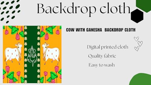 Image of Ganesh Backdrop for Decorations Backdrop Cloth for Pooja Decoration Traditional Background Curtain 8x8 feet (Multi Colur)(Ganesh with Two Cows) (Knit Fabric) pongal Backdrop Decoration