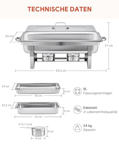 Wilprep Chafing Dish Edelstahl Speisenwärmer Buffet-Set Warmhaltebehälter Wärmebehälter Rechaud für Catering, Buffet und Party (6 Set x 9L) – Bild 8