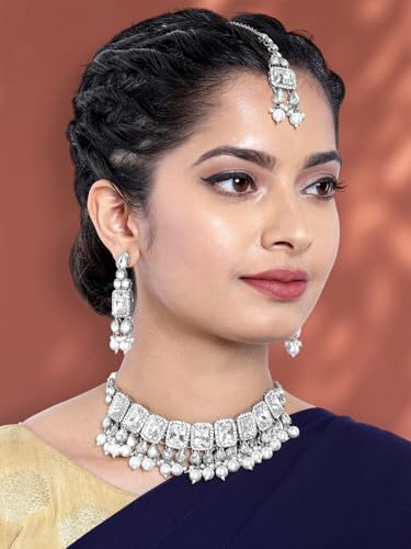 Image of Peora Crystal Faux Pearl Kundan Necklace & Jewellery Set Gift for Women